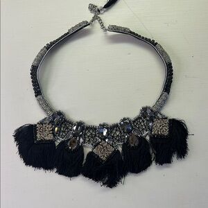 Black Statement Tassel Necklace with Gunmetal Crystals
